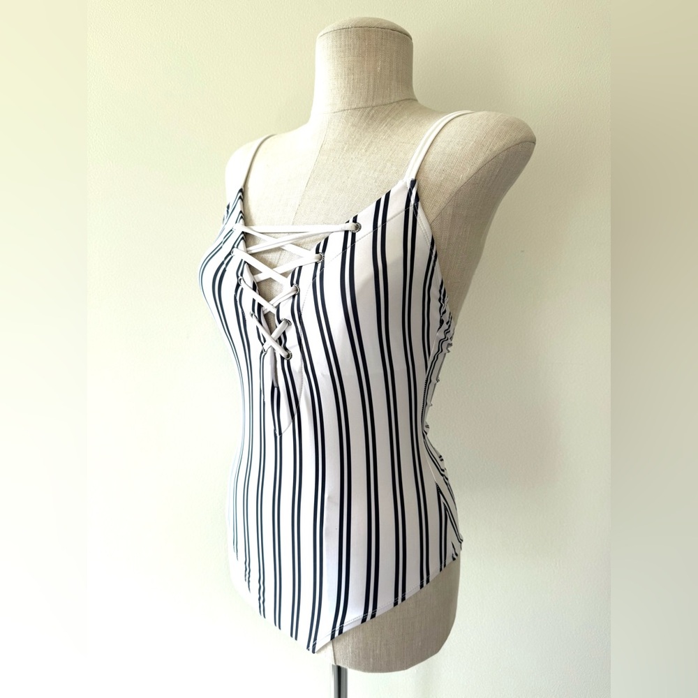 Nautica White with Navy Stripes Mio Laced Front One Piece Swimsuit - Picture 2 of 14